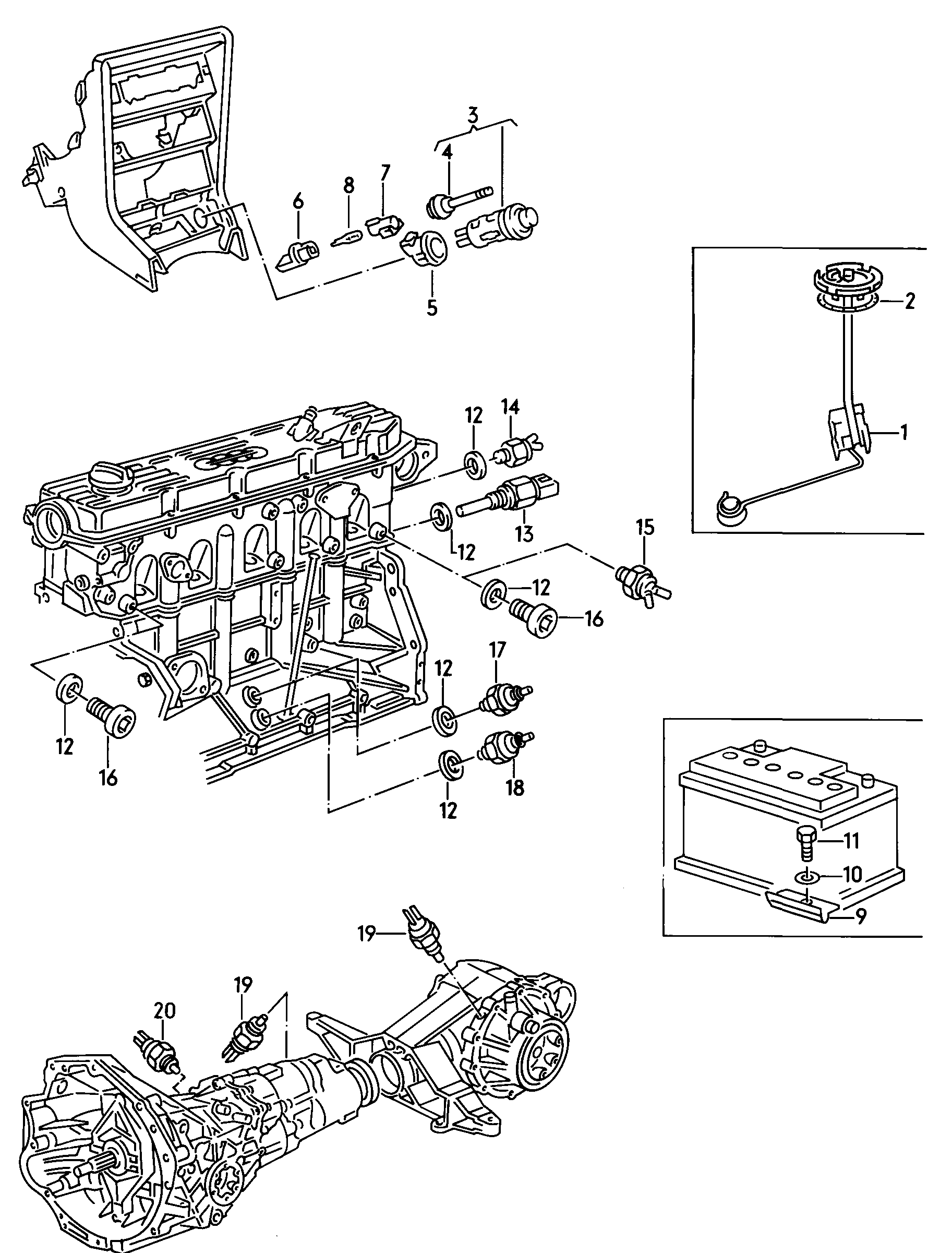 Крепление АКБ, датчик для ука- зателя запаса топлива и для указ-ля темпер-ры, дат- чик давления масла, выкл-тель фары заднего хода и  указатель включения