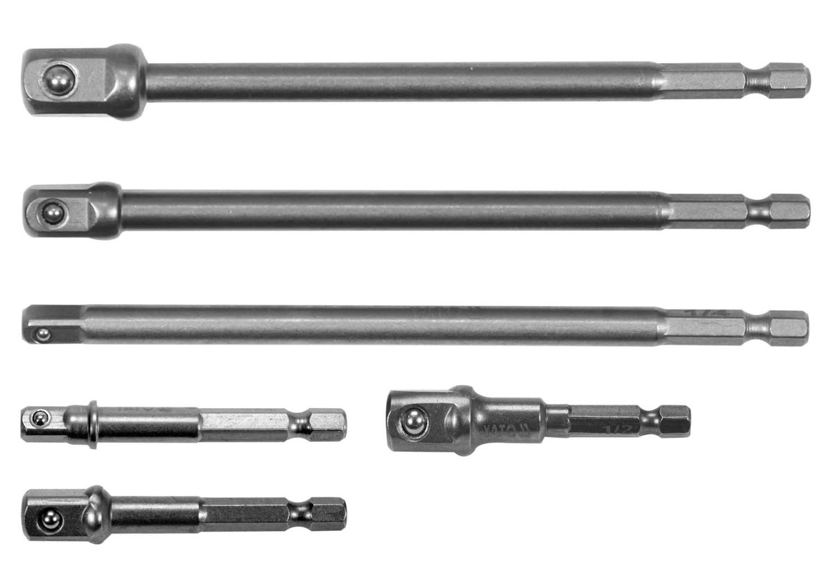 Держатели-адаптеры торцевых головок квадрат-1/4",3/8",1/2", L=50 и 150мм, HEX-1/4" Cr-V. 6Шт YATO YT-04629
