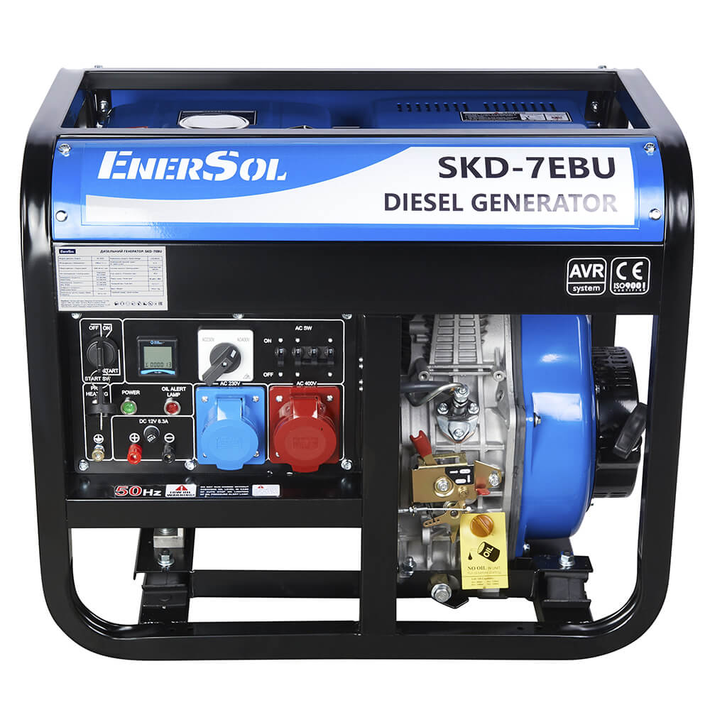 Генератор дизельный, одно/трехфазный, 6.5 кВт, двигатель EnerSol ES-192D, 3000 об/мин, вес 119 кг EnerSol SKD-7EBU