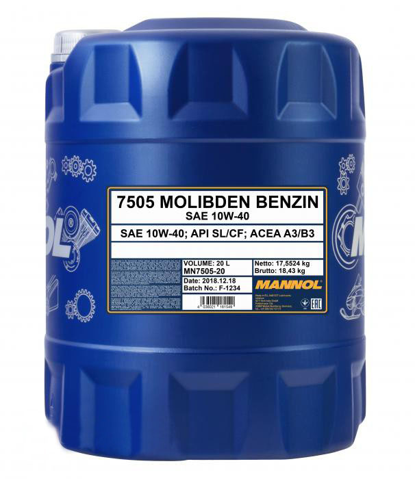 Масло моторное MANNOL Molibden Benzin 10W-40 20 л