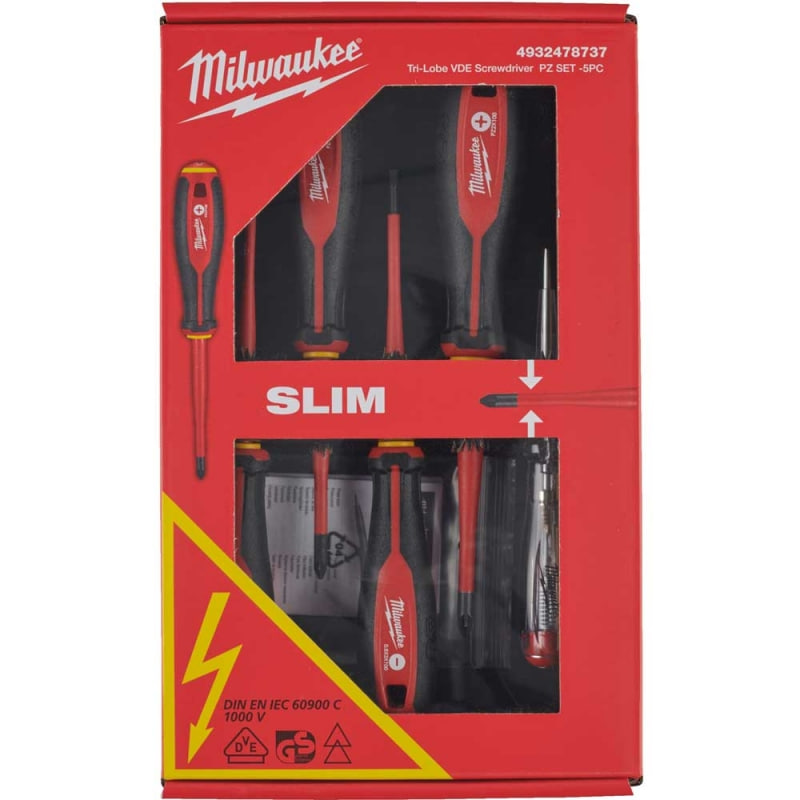 Набір викруток ізольованих VDE MILWAUKEE, (SL3/SL4/PZ1/PZ2 / викрутка-тестер) (5шт) MILWAUKEE ACC 4932478737