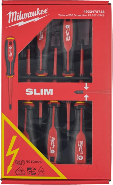 Набір викруток ізольованих VDE MILWAUKEE, (7шт), (SL2,5/ SL3/ SL4/ PH2/ PZ1/PZ2 / викрутка-тестер) MILWAUKEE ACC 4932478738