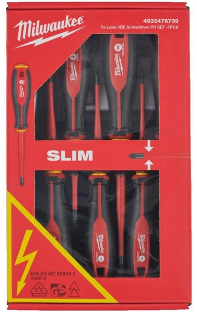 Набір викруток ізольованих VDE MILWAUKEE, (SL2,5/ SL3/ SL4/ SL5.5/ PH1/PH2 / викрутка-тестер) (7шт) MILWAUKEE ACC 4932478739