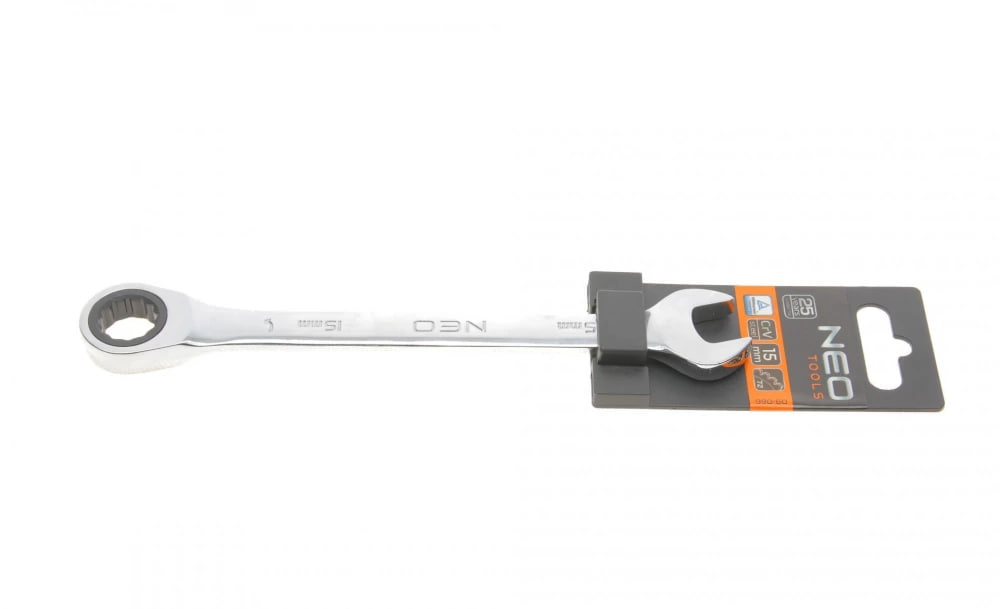 Ключ рожково-накидной с трещоткой 15 мм 72 зуб. L-195 мм NEO TOOLS 9066