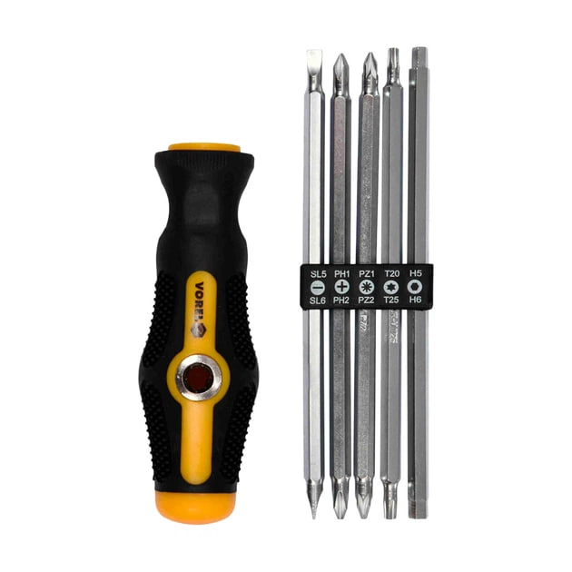 Викрутка двостороння: L= 175 мм, (5 насадок) SL, PH, PZ,TORX, HEX, Cr-V, VOREL 64960