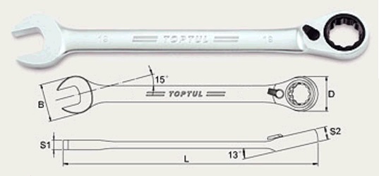 Ключ комбинированный TOPTUL ABAF1717 17 мм, 225 мм, с трещоткой реверсивной
