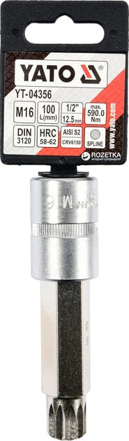 Головка торцева квадрат 1/2 "SPLINE" подовжена M16, L= 100 мм YATO YT-04356