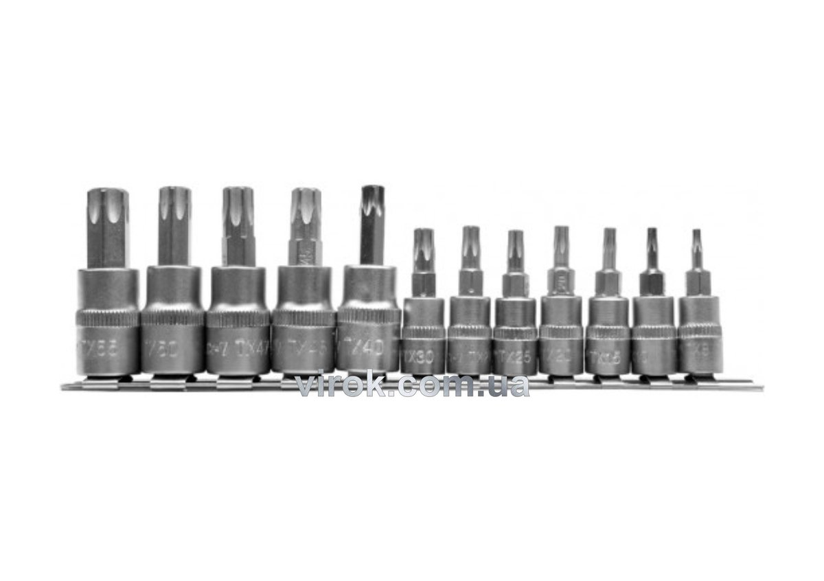 Головки торцевые с насадками "TORX" Т8-Т30, Т40-Т55, квадрат 1/4, 3/8". Набор 12 шт. YATO YT-04331