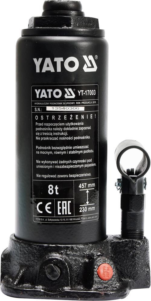 Домкрат бутылочный гидравлический: 8 т, H= 230 - 457 мм YATO YT-17003