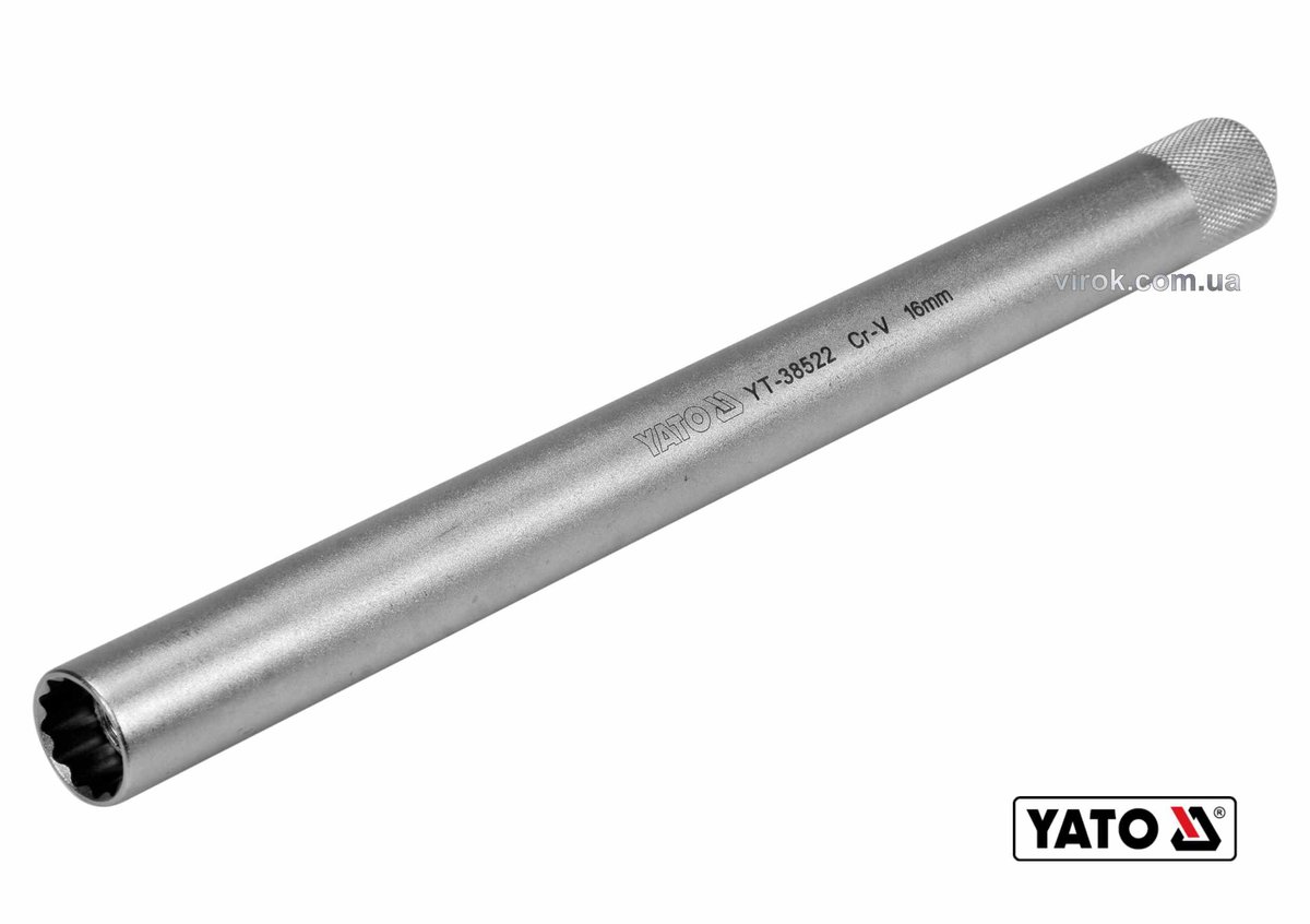 Головка торцевая 12-гранная к свечам двигателей квадрат 3/8", M16 L= 250 мм, Cr-V YATO YT-38522