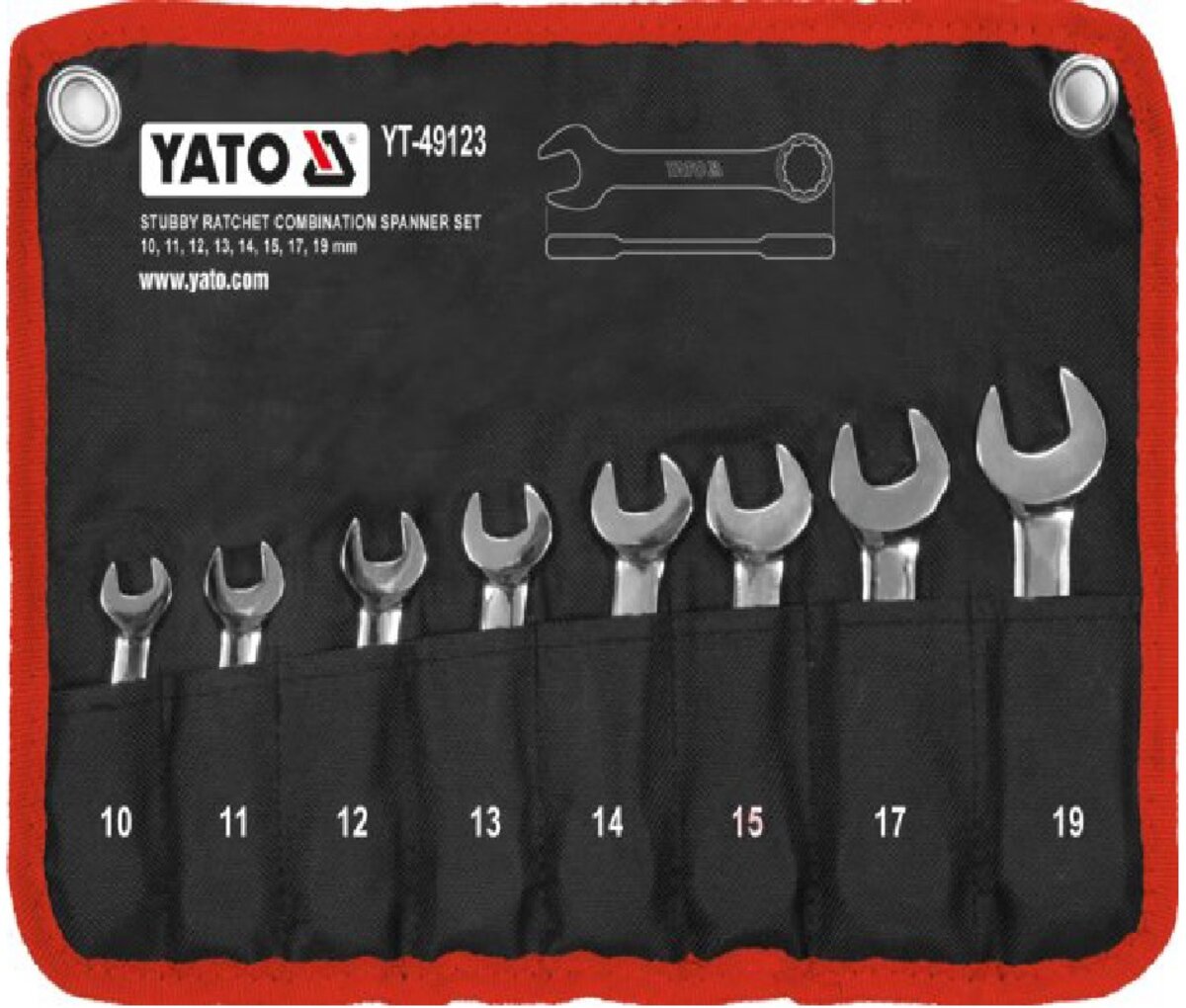 Набор ключей комбинированных короткие с трещоткой Cr-V, М10, 11, 12, 13, 14, 15, 17, 19 мм, 8 шт. YATO YT-49123