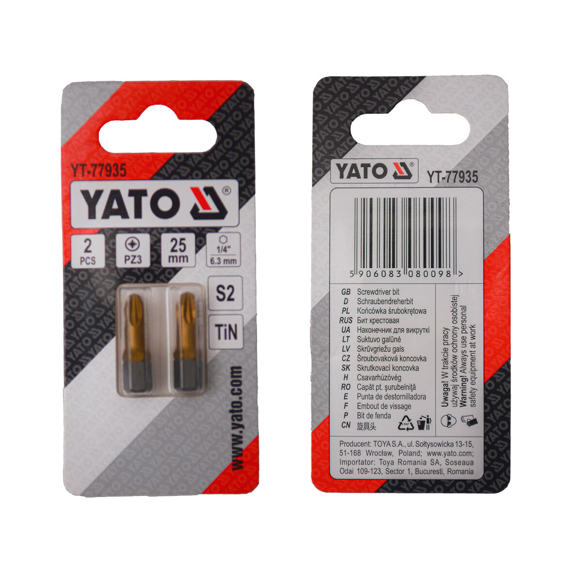 Отверточная насадка YATO PZ3 х 25 мм. HEX 1/4", покрытая титаном, 2 шт. YATO YT-77935
