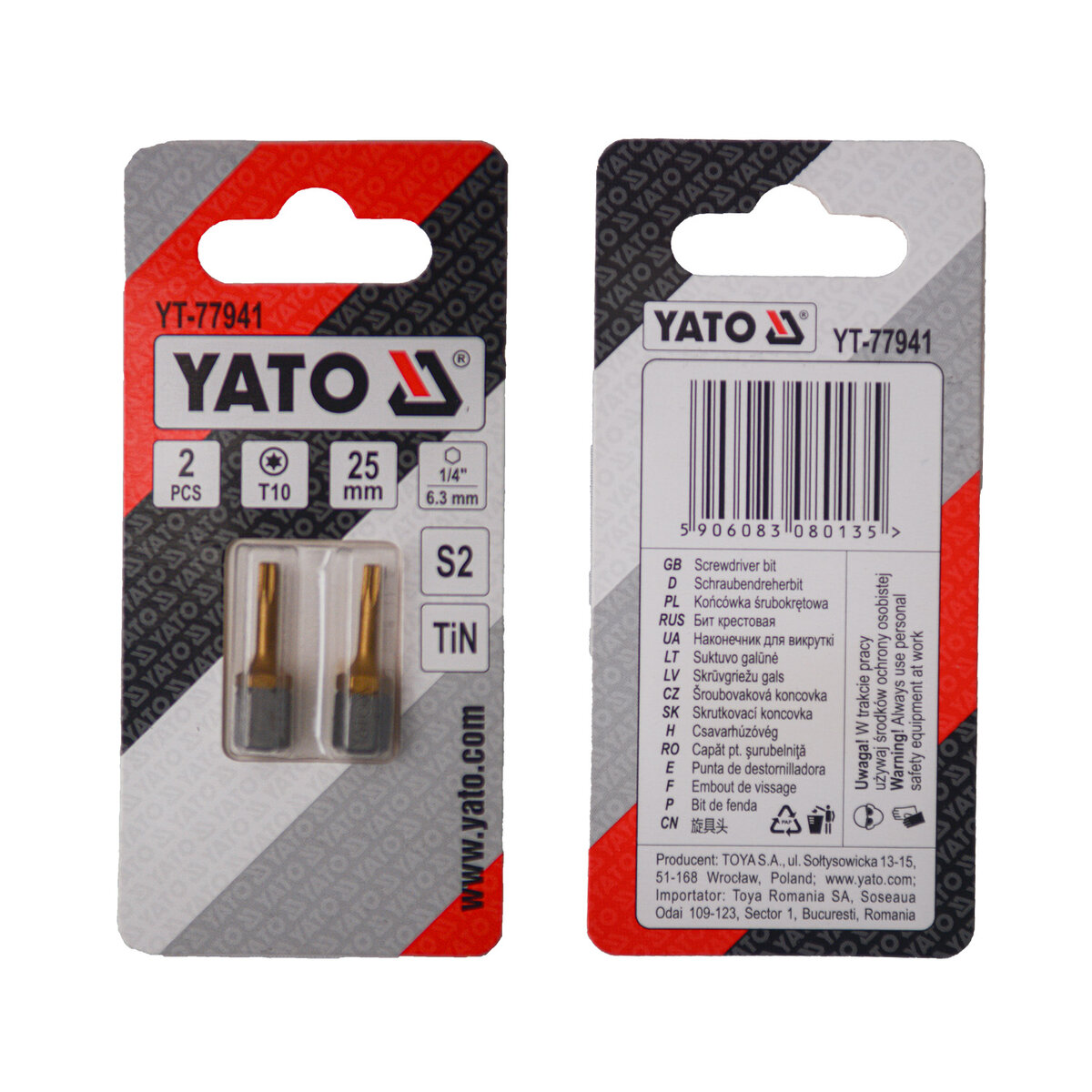 Отверточная насадка YATO TORX T10 х 25 мм. HEX 1/4", покрытая титаном, 2 шт. YATO YT-77941