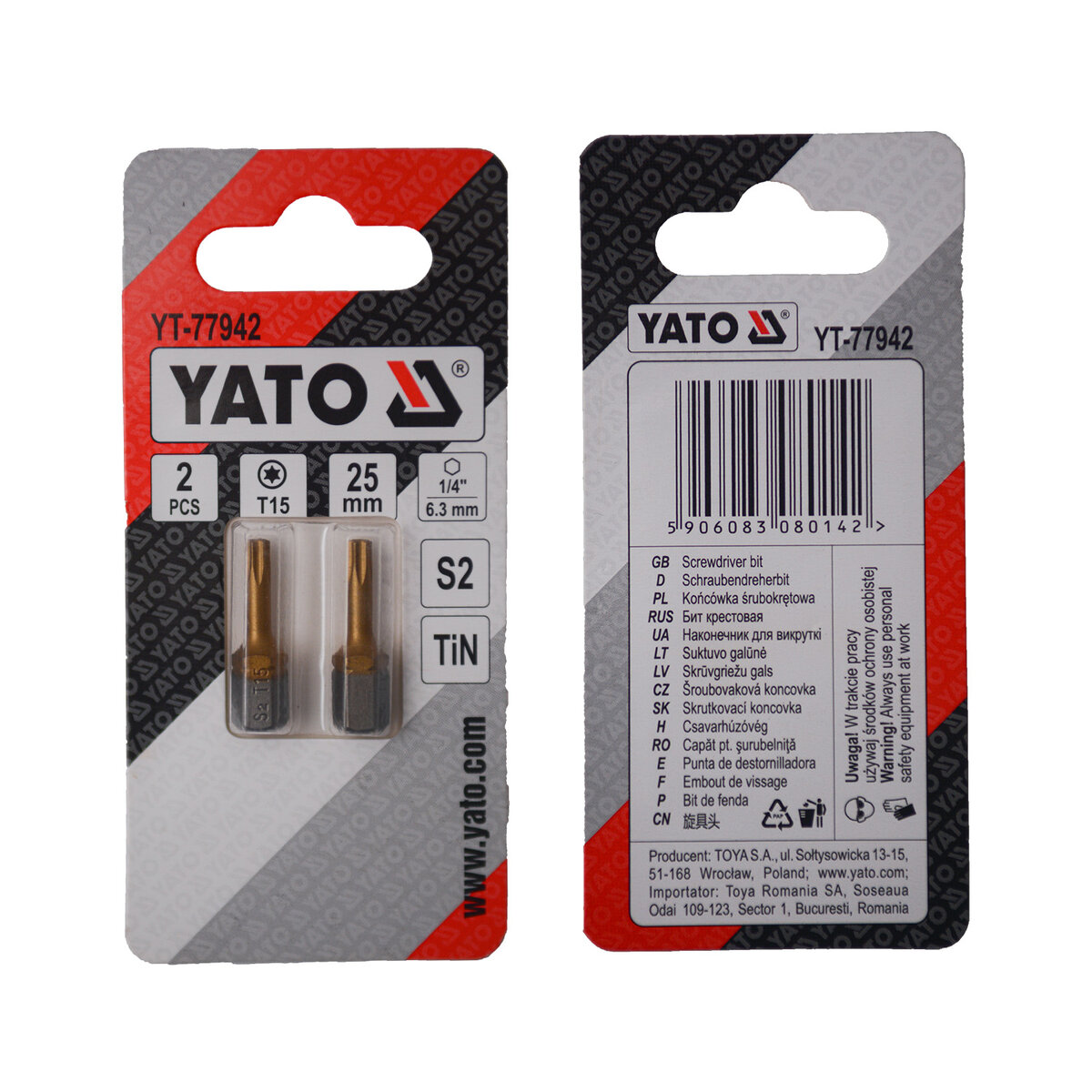 Отверточная насадка YATO TORX T15 х 25 мм. HEX 1/4", покрытая титаном, 2 шт. YATO YT-77942