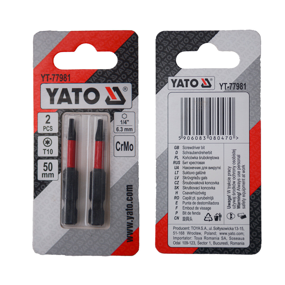 Отверточная насадка YATO TORX T10 х 50 мм HEX 1/4", хром-молибден, 2 шт. YATO YT-77981