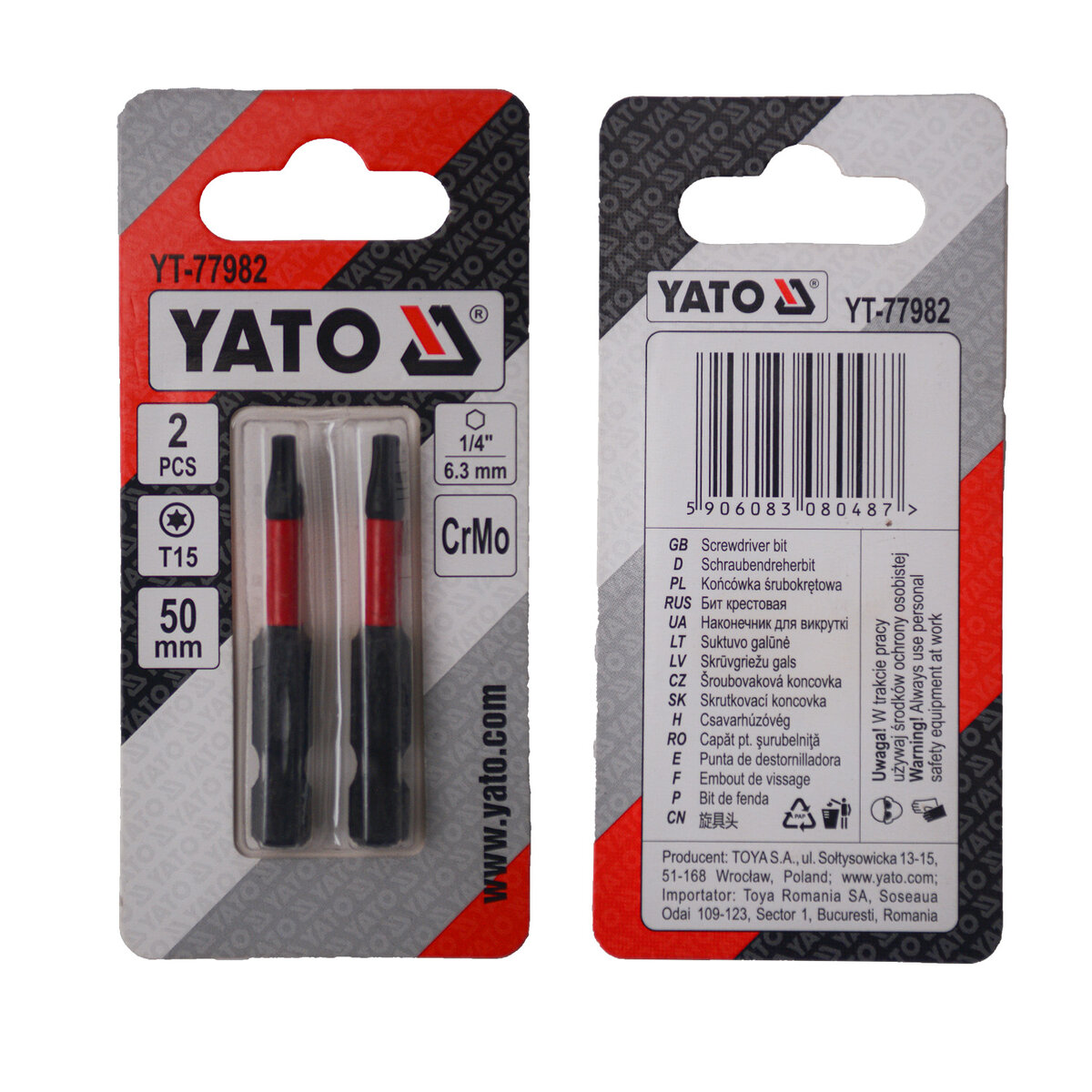 Отверточная насадка YATO TORX T15 х 50 мм. HEX 1/4", хром-молибден, 2 шт. YATO YT-77982