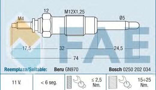 Свеча накала FAE 74162
