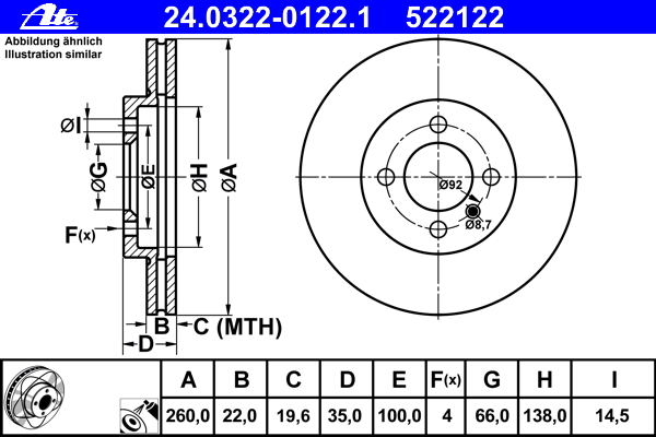 Тормозной диск ATE 24.0322-0122.1 Power Disc