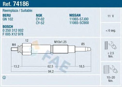 Свеча накала FAE 74186