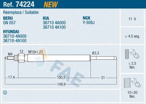 Свеча накала FAE 74224