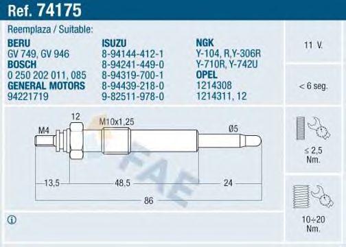 Свеча накала FAE 74175