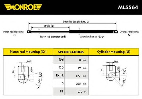 Газова пружина, капот MONROE ML5564