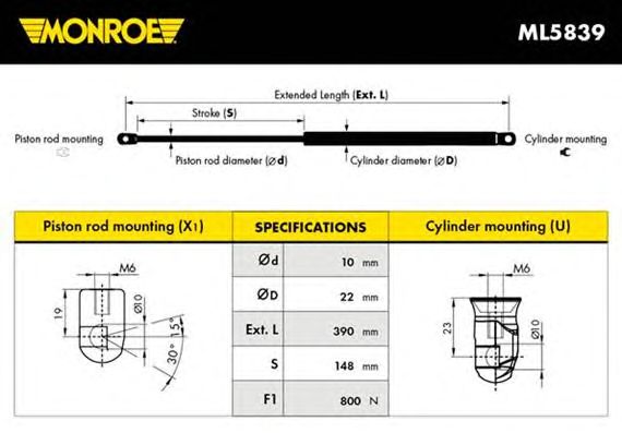 Газовый упор крышки багажника MONROE ML5839