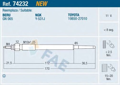 Свеча накала FAE 74232