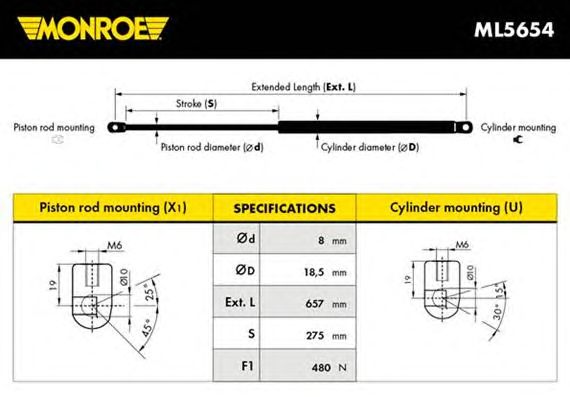 Газовый упор крышки багажника MONROE ML5654