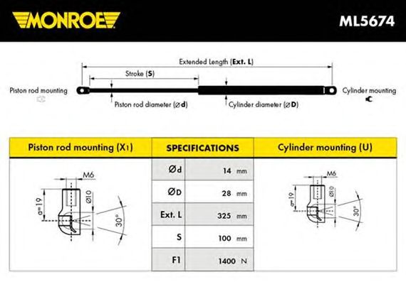 Газовый упор крышки багажника MONROE ML5674
