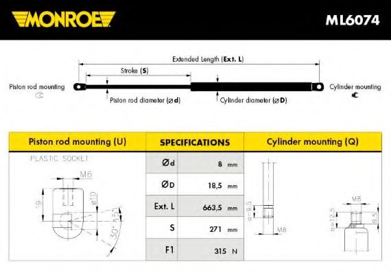 Газовая пружина, капот MONROE ML6074
