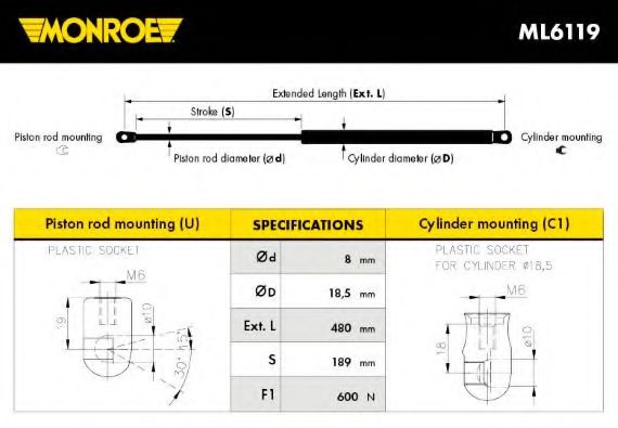 Газовая пружина, крышка багажник MONROE ML6119