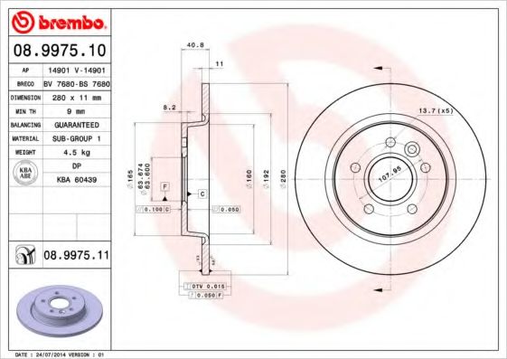 Тормозной диск BREMBO 08.9975.11