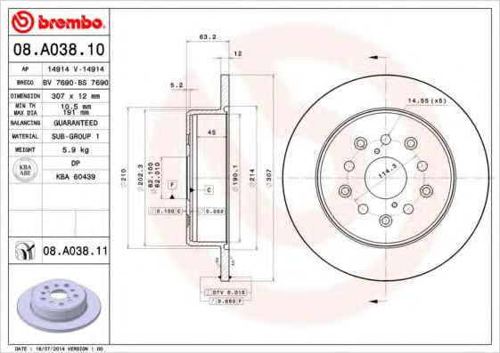 Тормозной диск BREMBO 08.A038.10