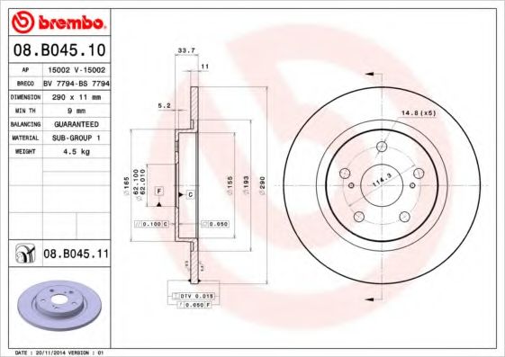 Тормозной диск BREMBO 08.B045.10