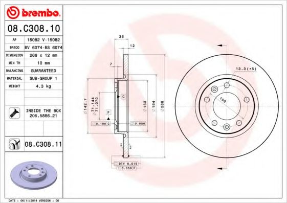 Тормозной диск BREMBO 08.C308.10