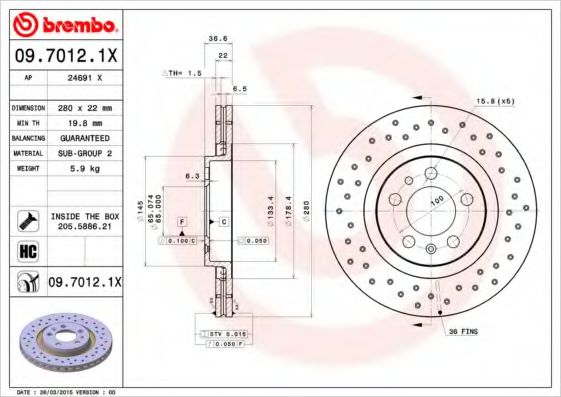 Тормозной диск BREMBO 09.7012.1X