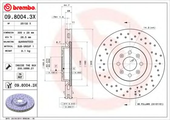 Тормозной диск BREMBO 09.8004.3X
