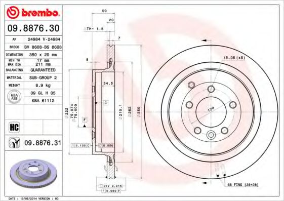 Тормозной диск BREMBO 09.8876.30