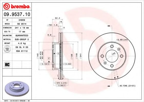 Тормозной диск BREMBO 09.9537.10