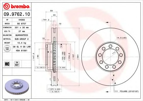 Гальмівний диск BREMBO 09.9762.10
