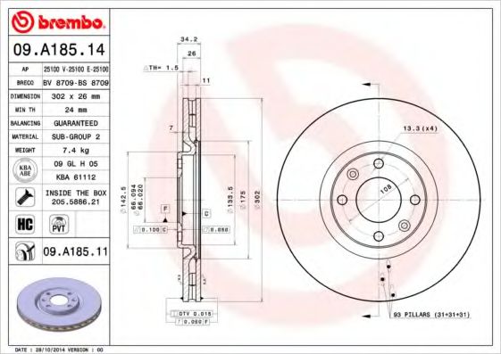 Тормозной диск BREMBO 09.A185.14