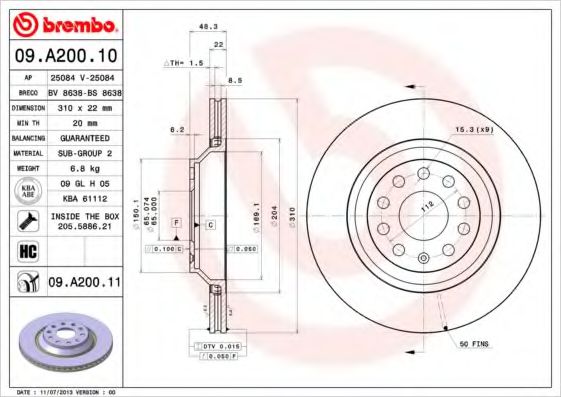 Гальмівний диск BREMBO 09.A200.10