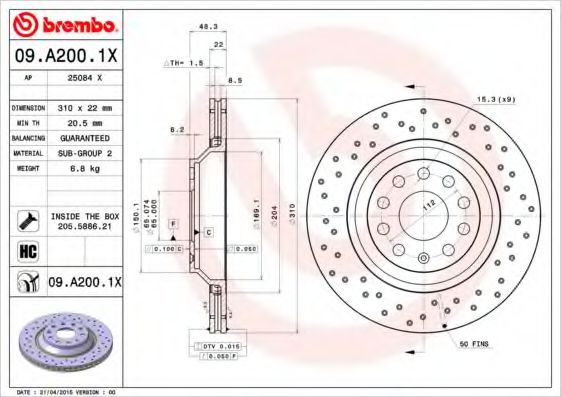 Тормозной диск BREMBO 09.A200.1X BREMBO XTRA LINE