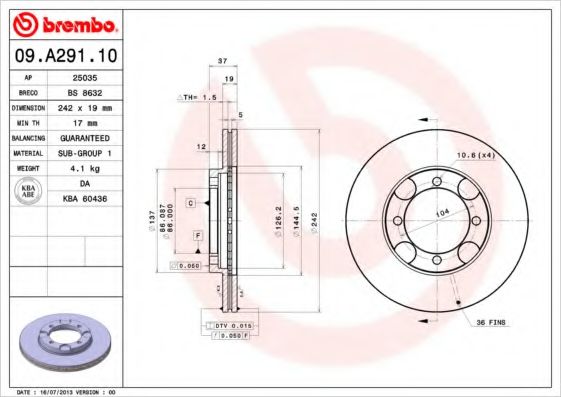 Гальмівний диск BREMBO 09.A291.10