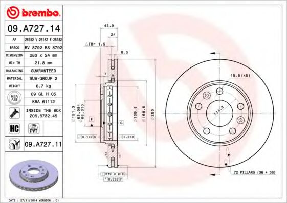 Тормозной диск BREMBO 09.A727.11