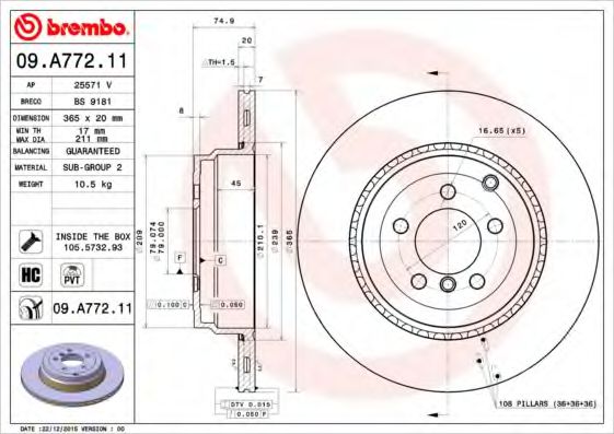 Тормозной диск BREMBO 09.A772.11 COATED DISC LINE