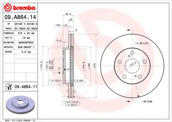 Гальмівний диск BREMBO 09.A864.14