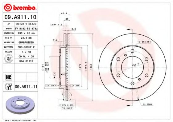 Тормозной диск BREMBO 09.A911.10