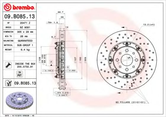 Тормозной диск BREMBO 09.B085.13